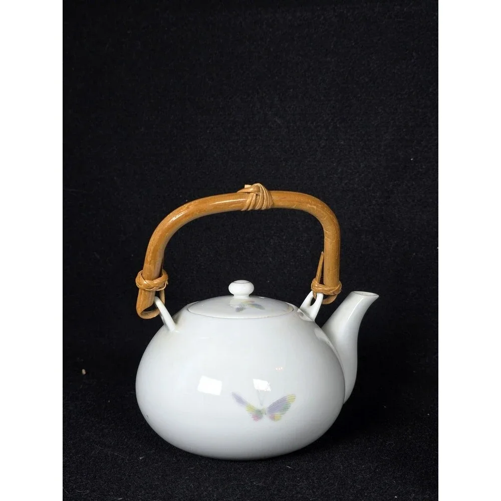 Asian Porcelain Tea Set Teapot & 2 Teacups Butterfly Gold Gilt Rim Retro